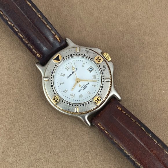 Vintage 2 Tone Eddie Bauer Sport Watch Rotating Coin Bezel, Date, 8" Brown Strap - Picture 3 of 8